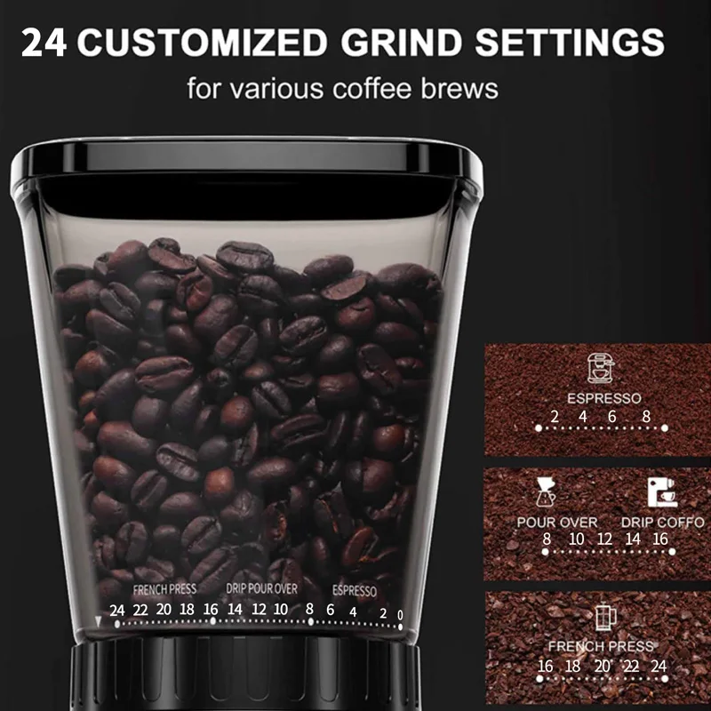 Conical Burr Espresso Coffee Grinder with 24 Grind Settings stainless steel electric coffee beans grinder burr For 2-12 Cups