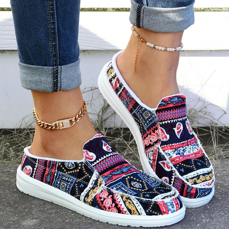 2023 Printing Ladies Sneakers Skull Lazy Shoes Luxury Flats Women Totem Flowers Walking Style Canvas Slippers
