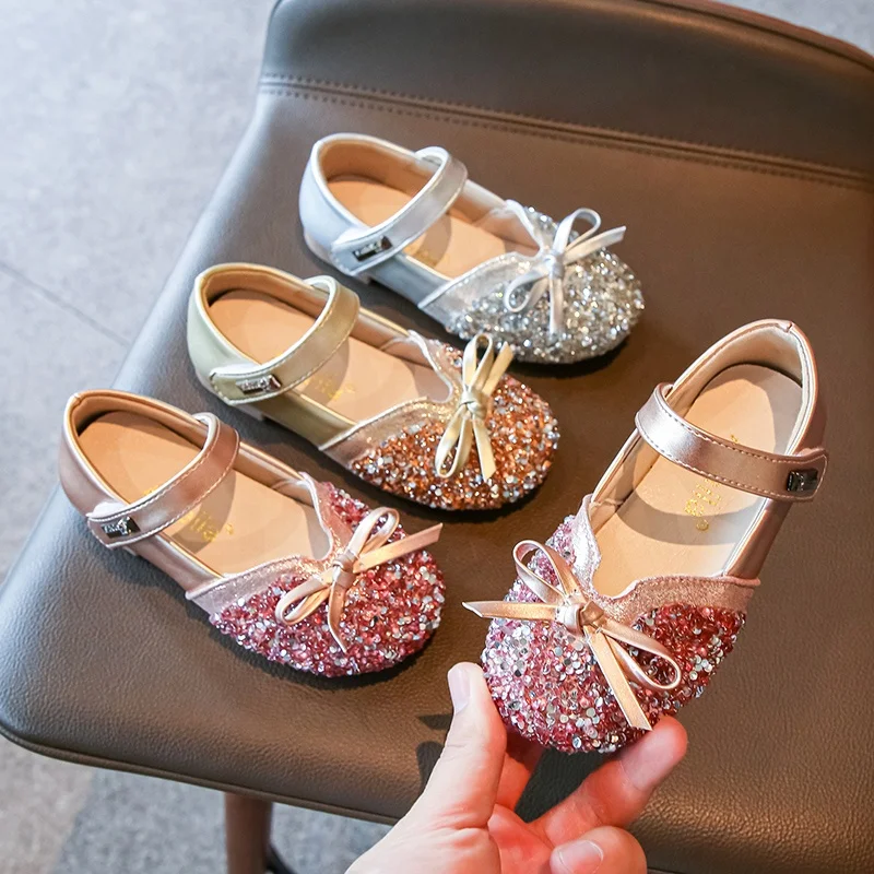 2022 New Girl Princess Shoes Glitter Patchwork Shoes For Kids Bling Bowknot Rhinestones Girls Baby Girl Dress Shoes