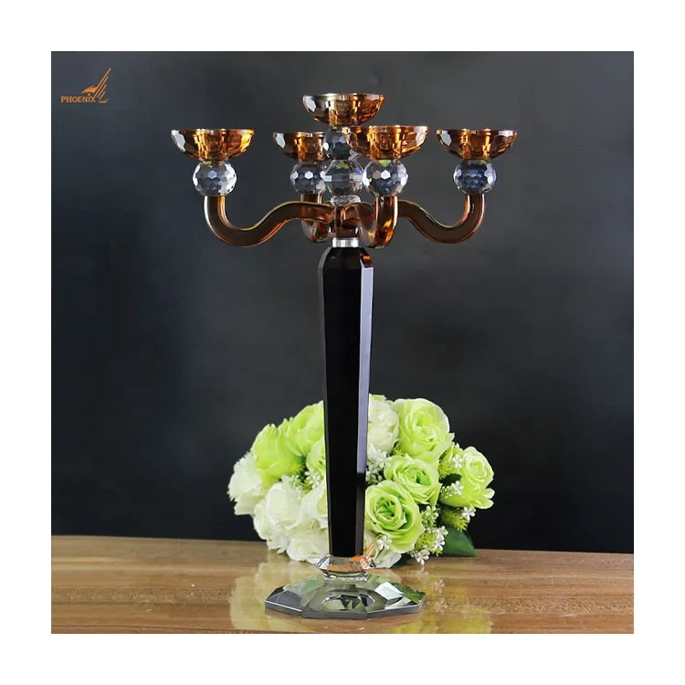 Hot sale modern colored crystal pillar candelabra black glass candlesticks for wedding table candle holder