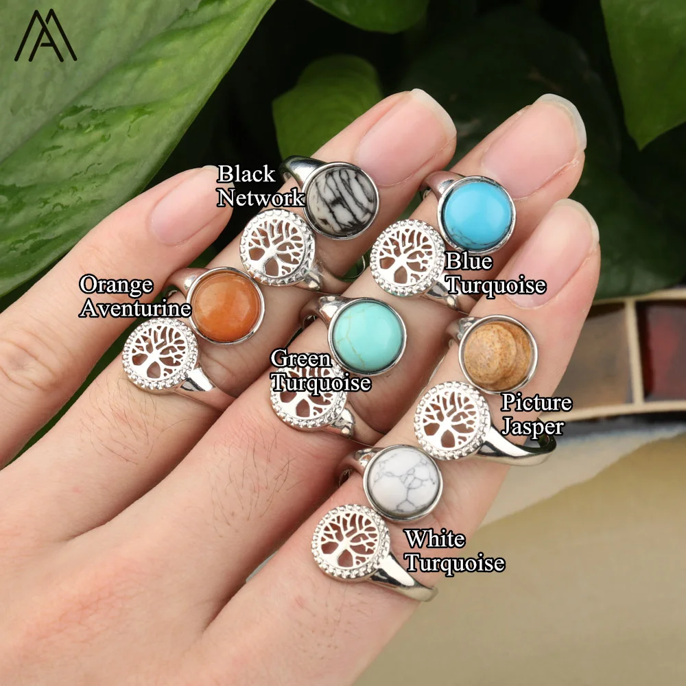 Silver Ring , Round Beads , Gemstone Crystal , Tree of Life , Reiki Chakra Jewelry