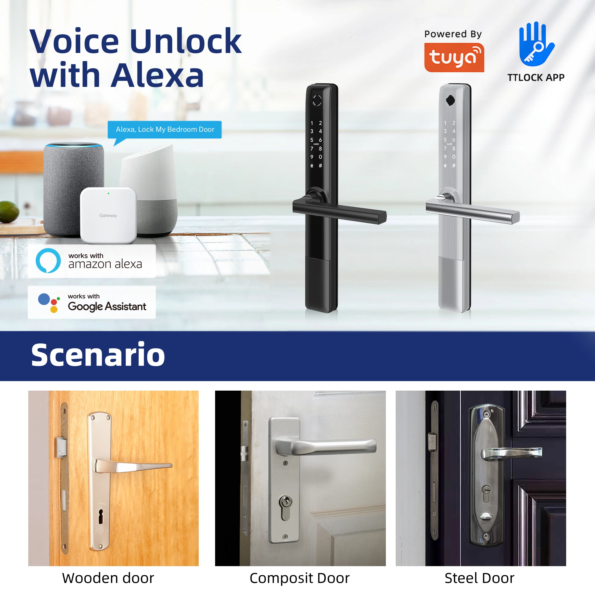 Liliwise Entrance Outdoor TuyaAPP TTLOCK BLE Waterproof Fingerprint Smart Door Lock for Narrow Profile Aluminum Door Wooden Door