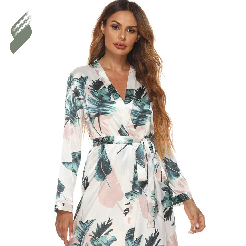 Ladies Loungewear Floral Silk Dressing Gowns Robe Sleeping Wear Shawl Collar And Tie Belt Peignoirs Femme Women Bathrobes