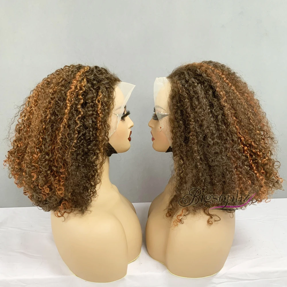 SDD Pixie Curls Brazilian Hair P4/350 Color 13X4 Full Frontal Wigs Short Bob Human Hair Wig 14 Inches For Woman