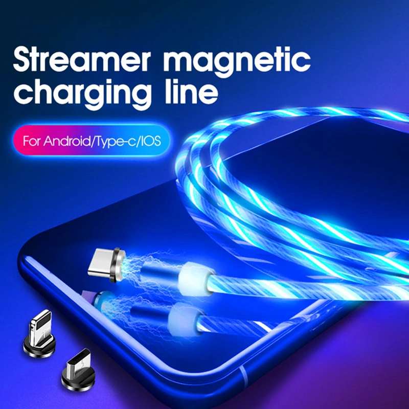 New Arrival Free Sample Flowing Light Data Line USB 3 in 1 fast charging cable LED Charge Cable Magnetic Cable for iphone