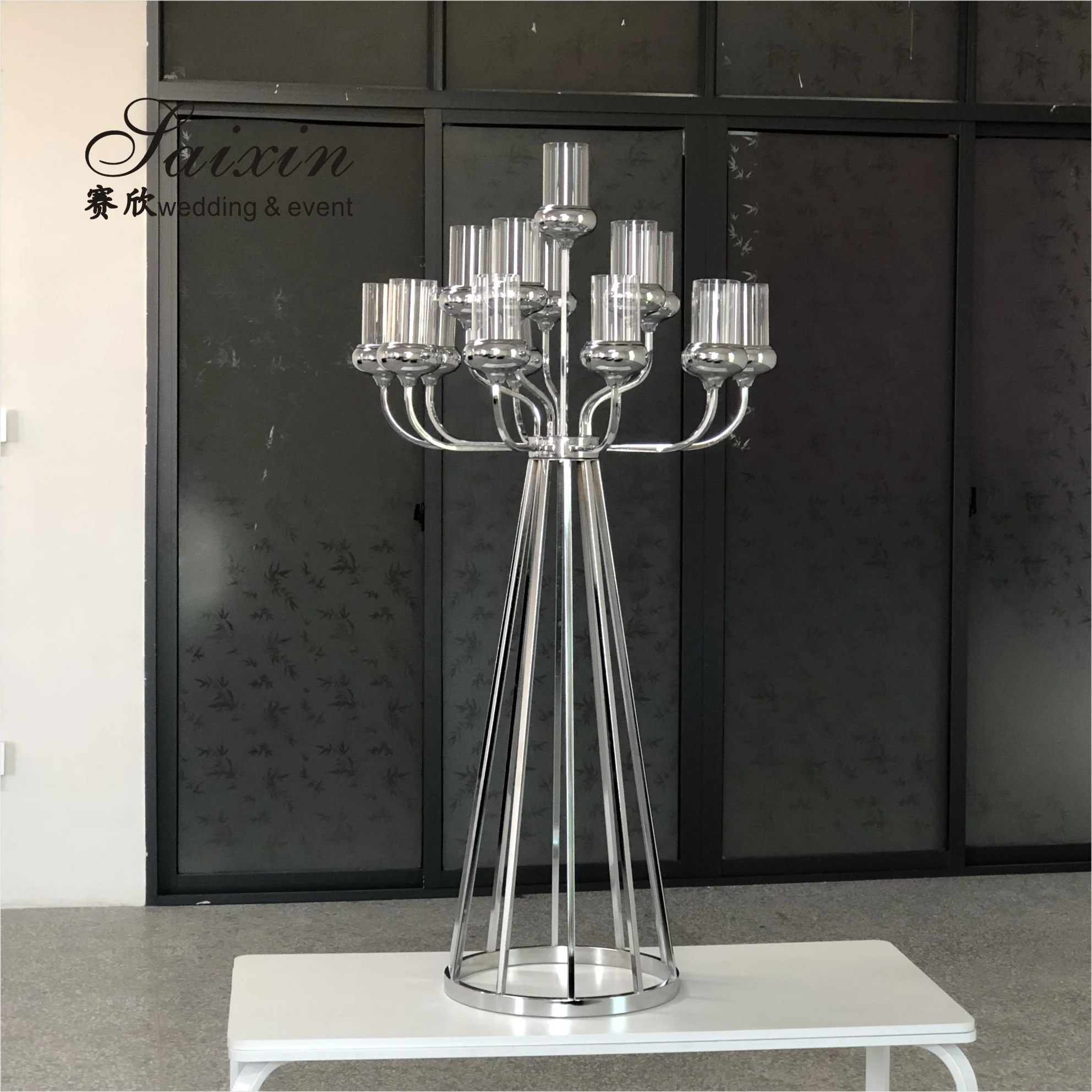 New ZT-398 unique 15 arms silver Metal wedding table candle stand