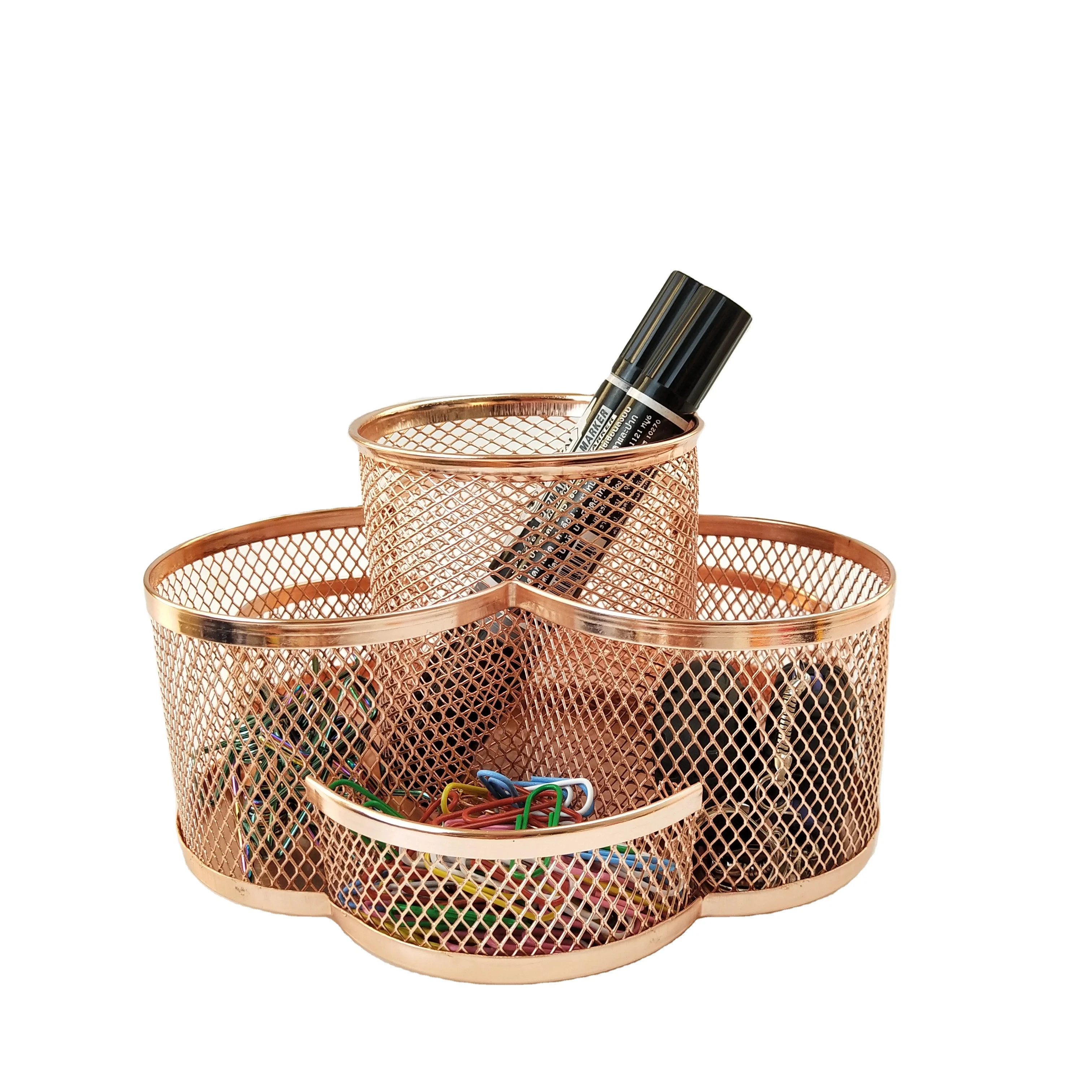 Stationary Accessories Multi-functional Metal Mesh Rose Gold Round Rotating Base Pen Stand Desk Organizer Pencil Pen Holder