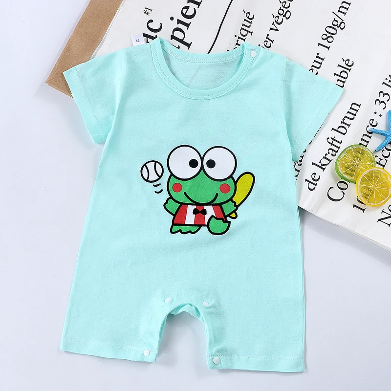 Unisex Cotton Short Sleeve Jumpsuit for Baby Spring and Summer Climbing Clothes with Cartoon Pattern and Snap Button Closure