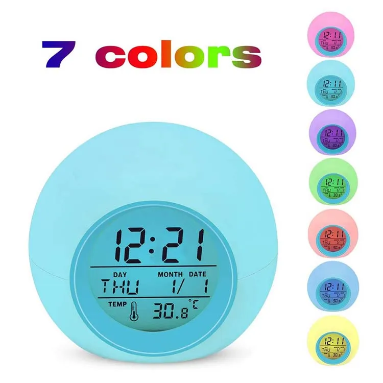 Round 7 Colors Changing LED Light Digital Alarm Clocks Touch Control Kids Children Wake Up Alarm Clock Thermometer Nature Music