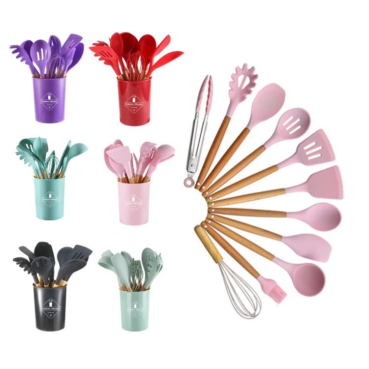 12 Pieces In 1 Set Silicone Kitchen Utensils Healthy Cooking Tools Kitchenware Spatulas With Wooden Handles