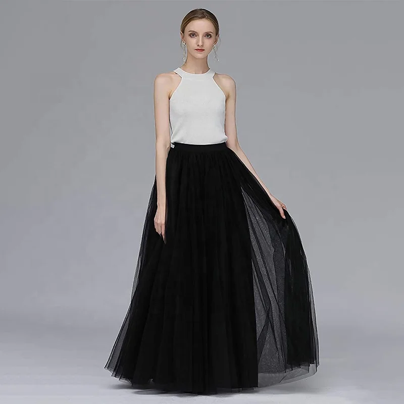 Womens Long Bridesmaid Tulle Skirts White Mesh Layered Dress Flowy Formal Wedding Attire Dance Clothes Black Skirt