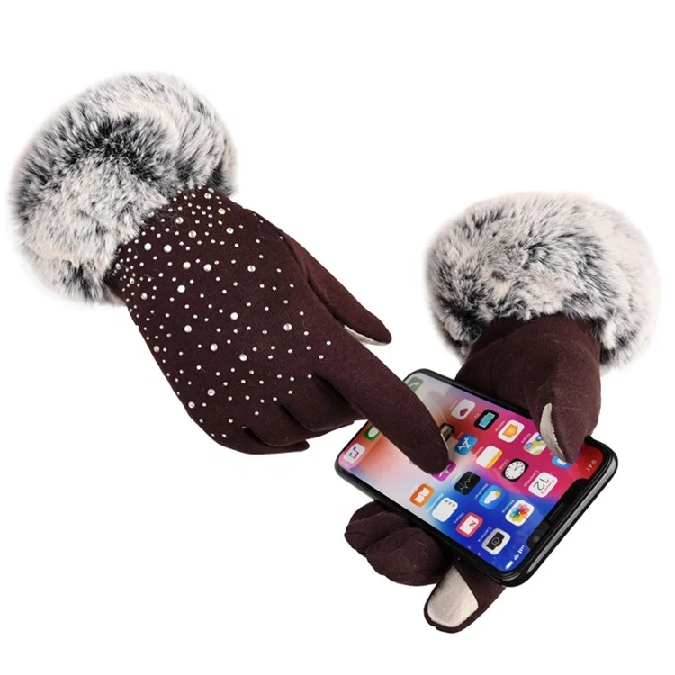 Plus velvet winter Girl rhinestone full finger gloves