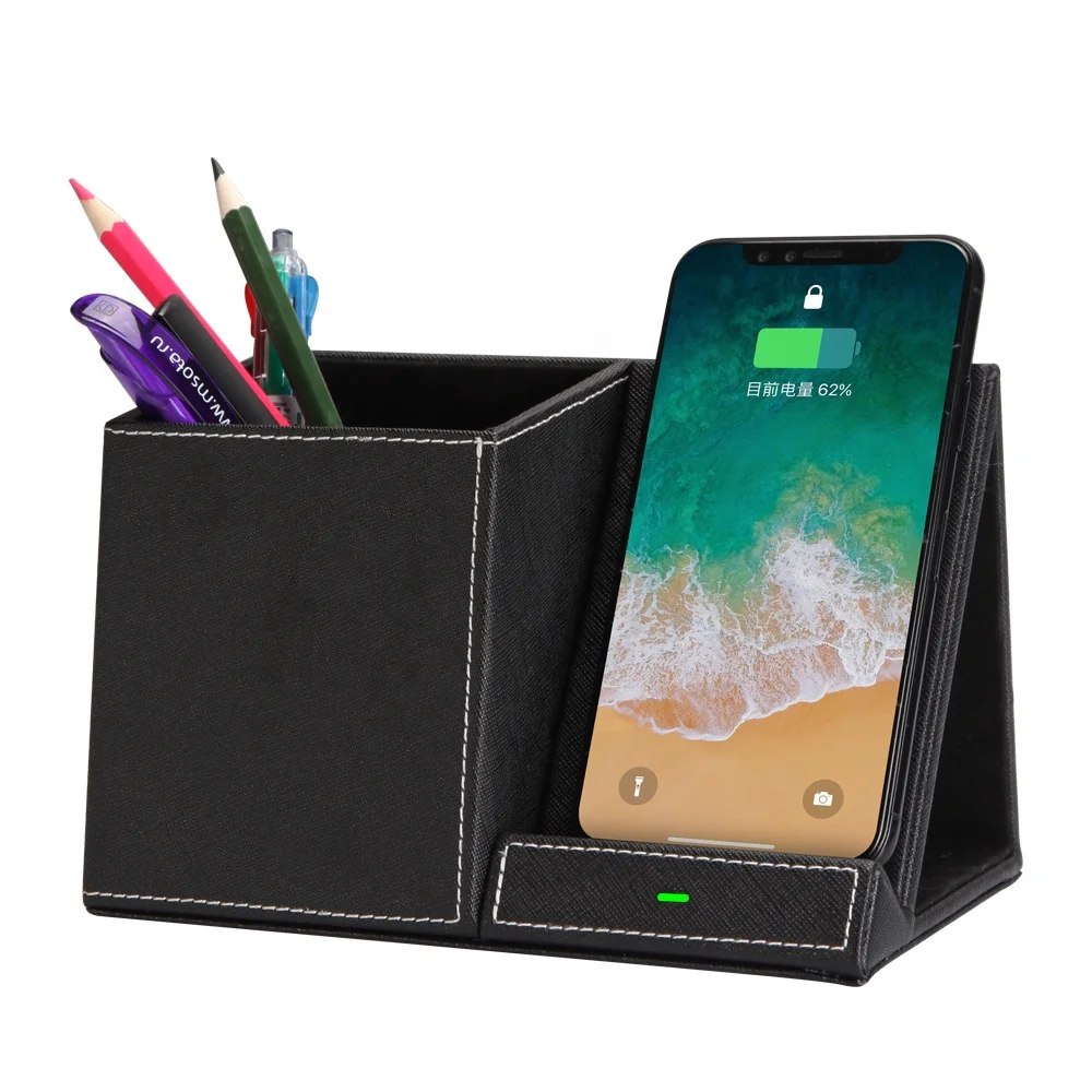 10w Qi Certificate Leather Desk Organizer Wireless Charger Pen Holder for iphone 13