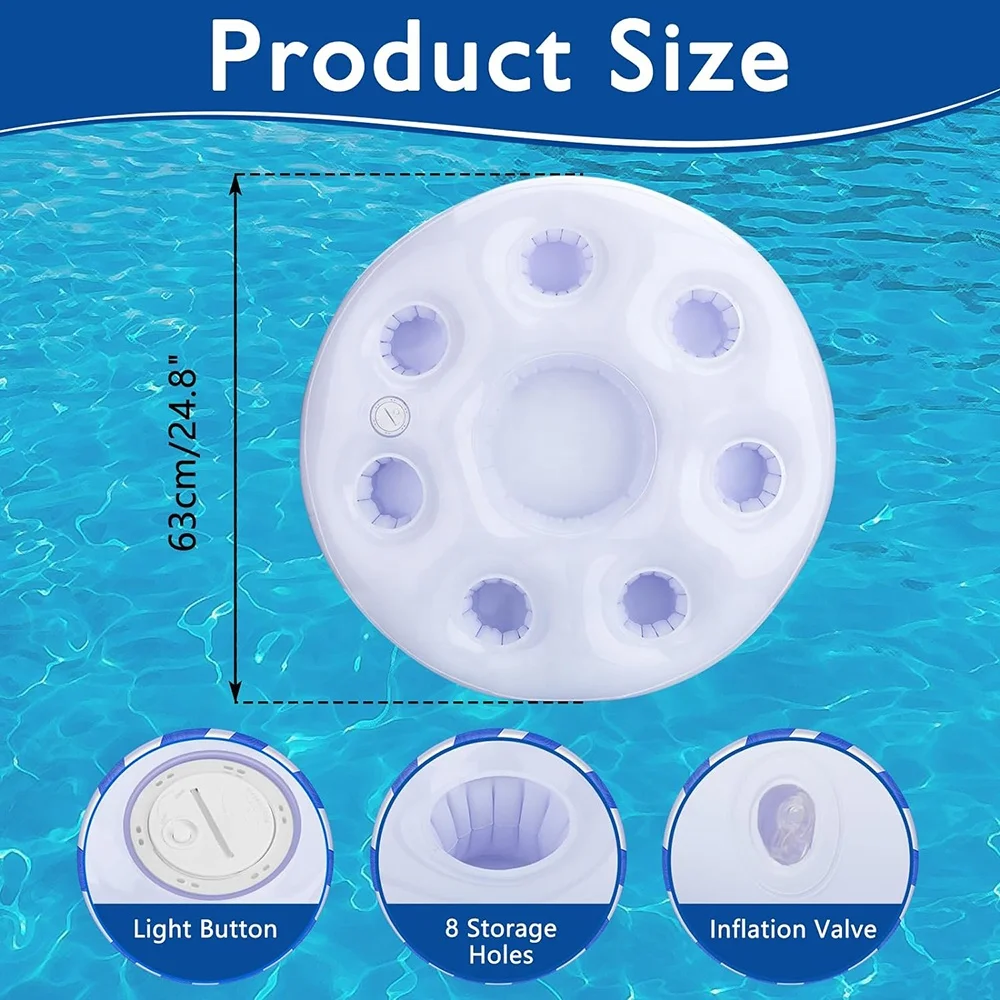 63cm Beverage Fruit Serving Bar Swimming Pool Party LED Color Changing Inflatable Drink Holder Floats With RGB