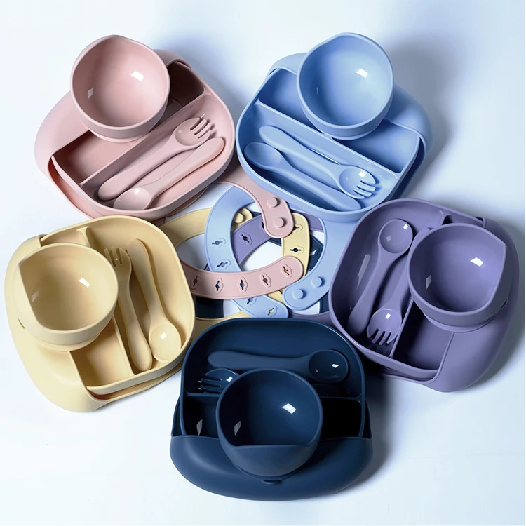 OEM&ODM wholesale custom baby products babytableware Six-piece Baby Silicone feeding sets bib