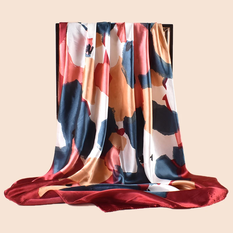 QL 2024 New Female Fashion Square Silk Scarf Graffiti Gauze satin silk square scarf  Digital Printing Logo Wholesale