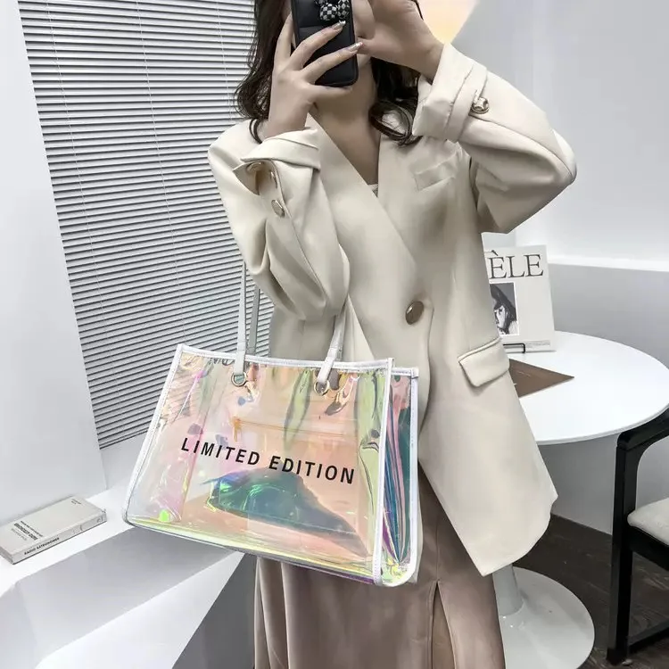 High quality waterproof holographic pvc shoulder tote bag clear plastic shopping bag gift bag