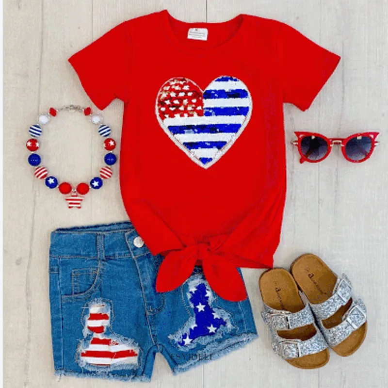 Girls Heart Star Sunflower Independence Day Tank Top Short Sleeve T-shirts with Washed Denim Jeans Shorts 4th of July Outfit