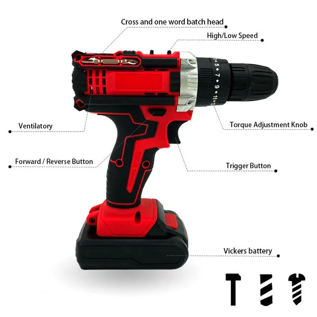Impact Battery Cordless Drill Multi-function Power Drills Electric Screwdriver Set