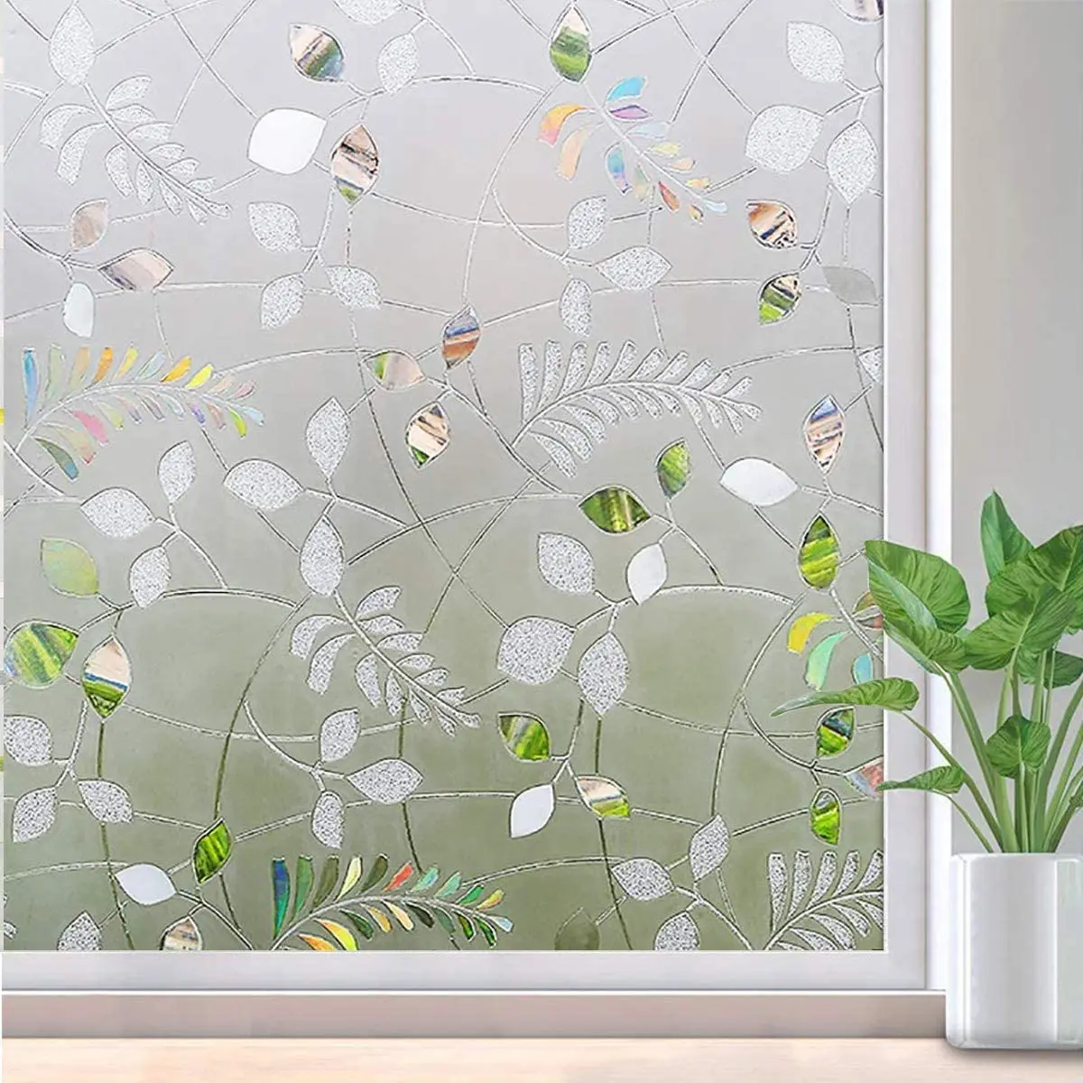 3D Leaf Pattern PVC Colorful Laser Privacy Frosted Static Cling Glass Window Decorative Films