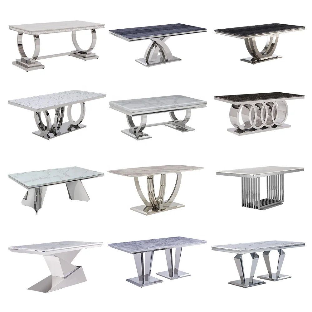 Custom Made Light Luxury Quartz Dining Table Nordic Silver Stainless Steel Metal Furniture Leg Black Marble