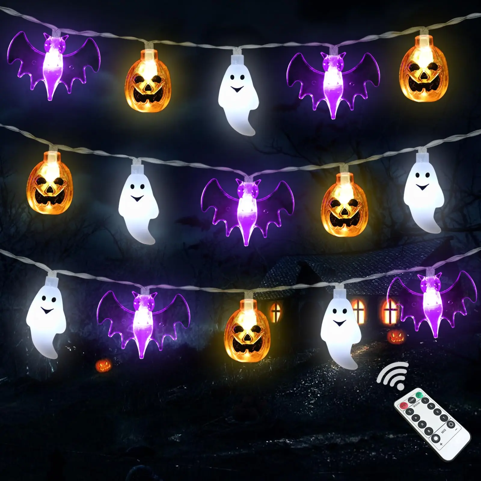 8 Lighting Modes Fairy Battery Operated Halloween Pumpkin Bat Ghost String Lights for Home Door Window Porch Party Decoration