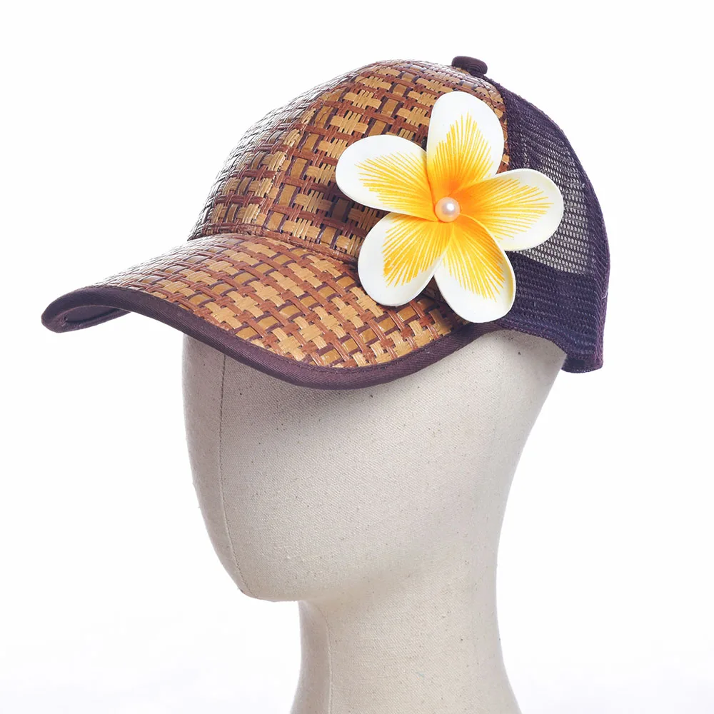 High Quality Foam Tiare Flower On Handmade Woven Gorras Trucker Straw Hat Hawaii Summer Beach Sun Visor Sports Hat HH00001-3