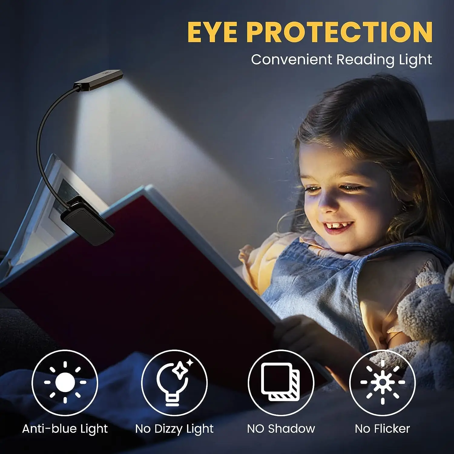 Mini USB Rechargeable 1600K LED Amber Book Light Night Reading Light in Bed Flexible Clip Eye Care Light for Strain-Free