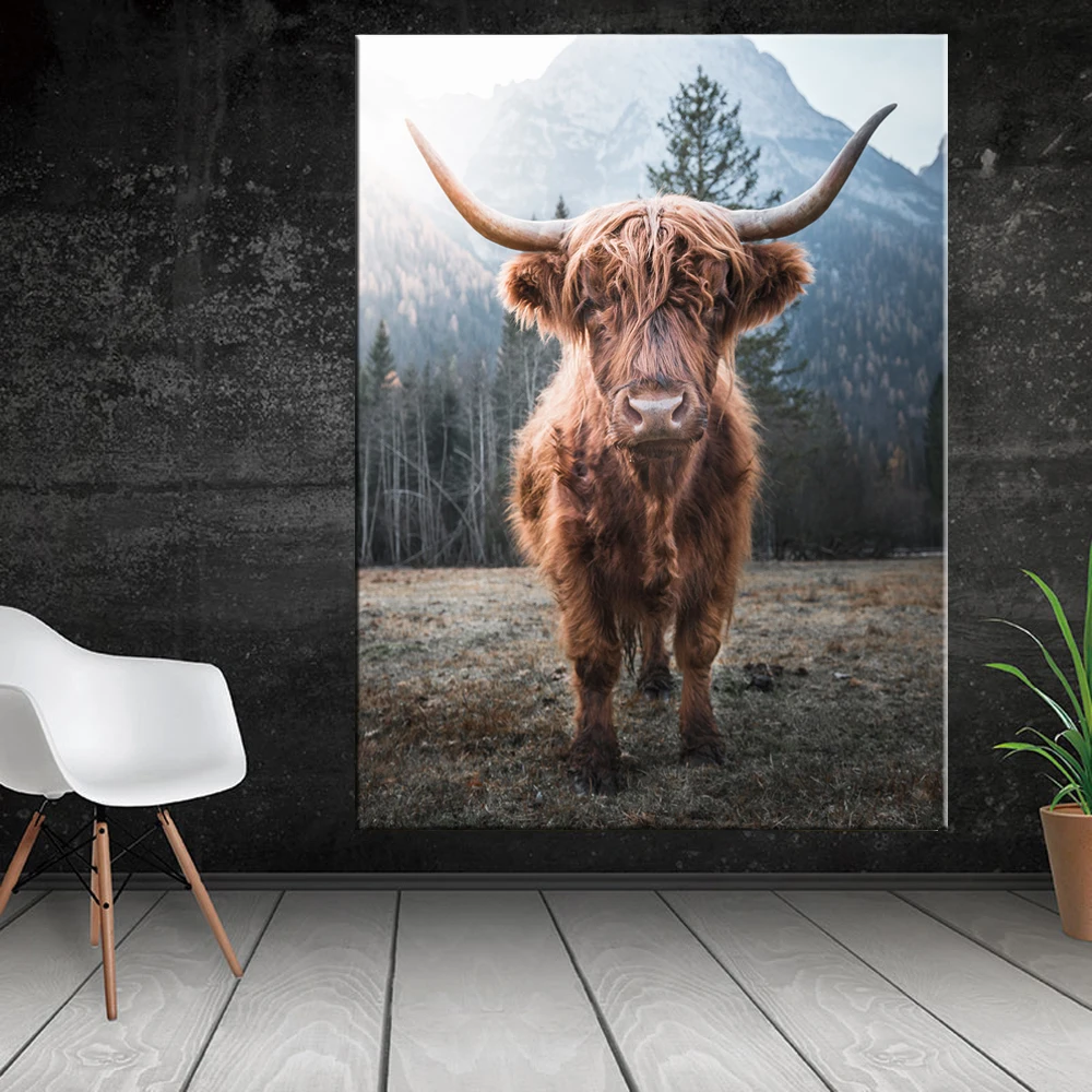 Living Room Decor Nordic Yak Oxen Wall Pictures Canvas Painting Posters Prints Cattle Highland Cow Wall Art