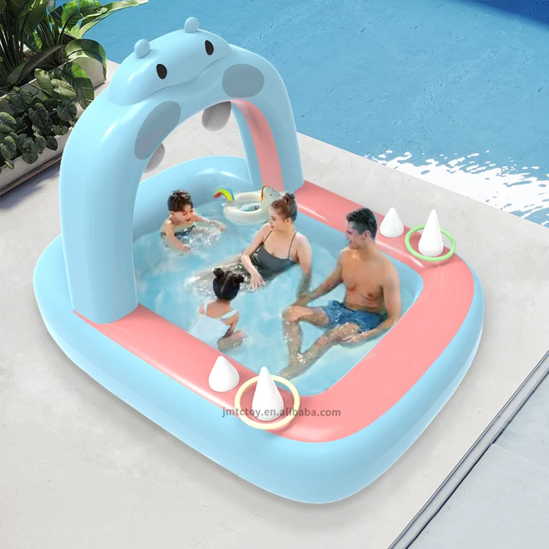 New arrival outdoor hippo cartoon PVC large family pool kids throw circle game water play splash pool inflatable swimming pool