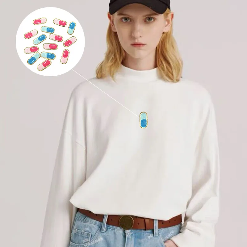 Capsule Pill Shape Iron on Patch Adhesive Chenille Towel Embroidery Patches