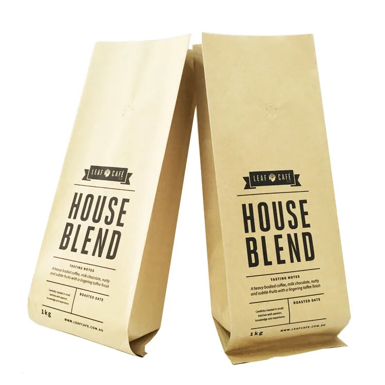 Custom logo printed aluminum foil brown kraft paper side gusseted customized coffee side gusset tea bag with valve