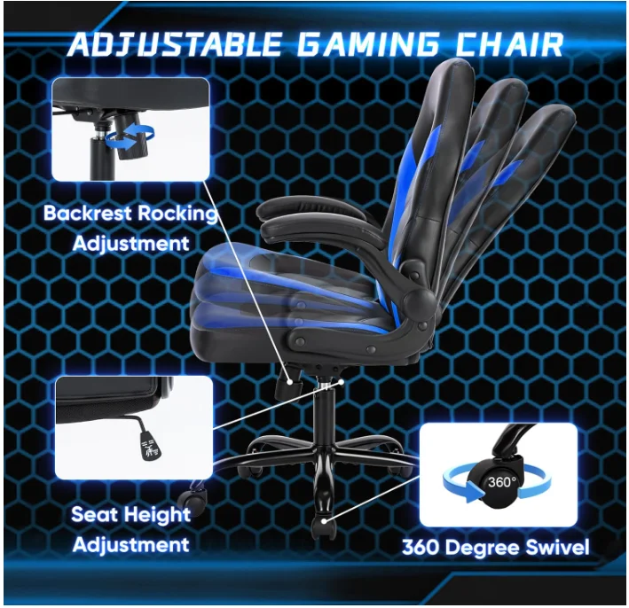 Ergonomic Racing Gaming Computer Chair Lumbar Support Flip-Up Arms Adjustable Height Swivel PU Leather Executive-for Office Use