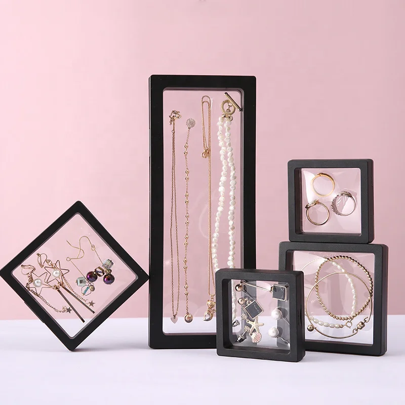 3D Transparent Floating Display Frame Holder Stands Jewelry Necklace Ring Bracelet Coin Suspended Black Gift Packaging Box case