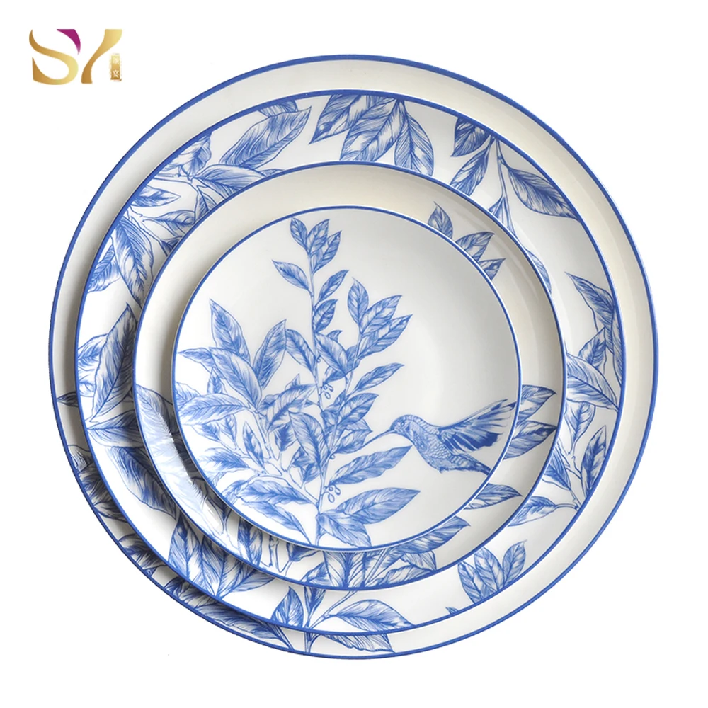 Wholesale Blue and White Bone China Dinnerware Elegant Gold-Decorated Ceramic Dinner Plate Set Tableware for Wedding