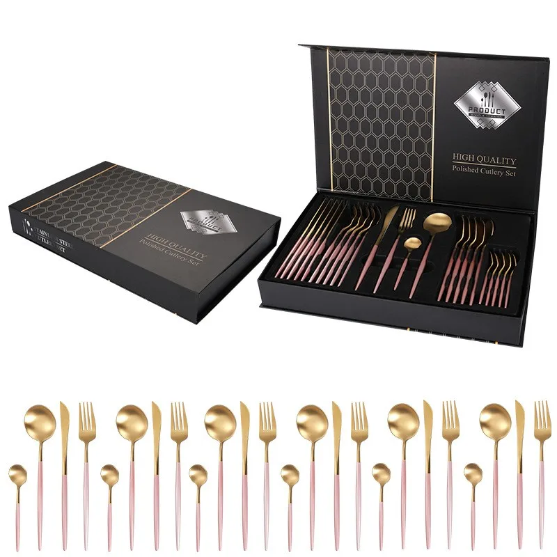 24-Piece Gold Silverware Cutlery Set Portable Tableware for Weddings Banquets Feasts Sustainable Metal Dinnerware with Gift Box