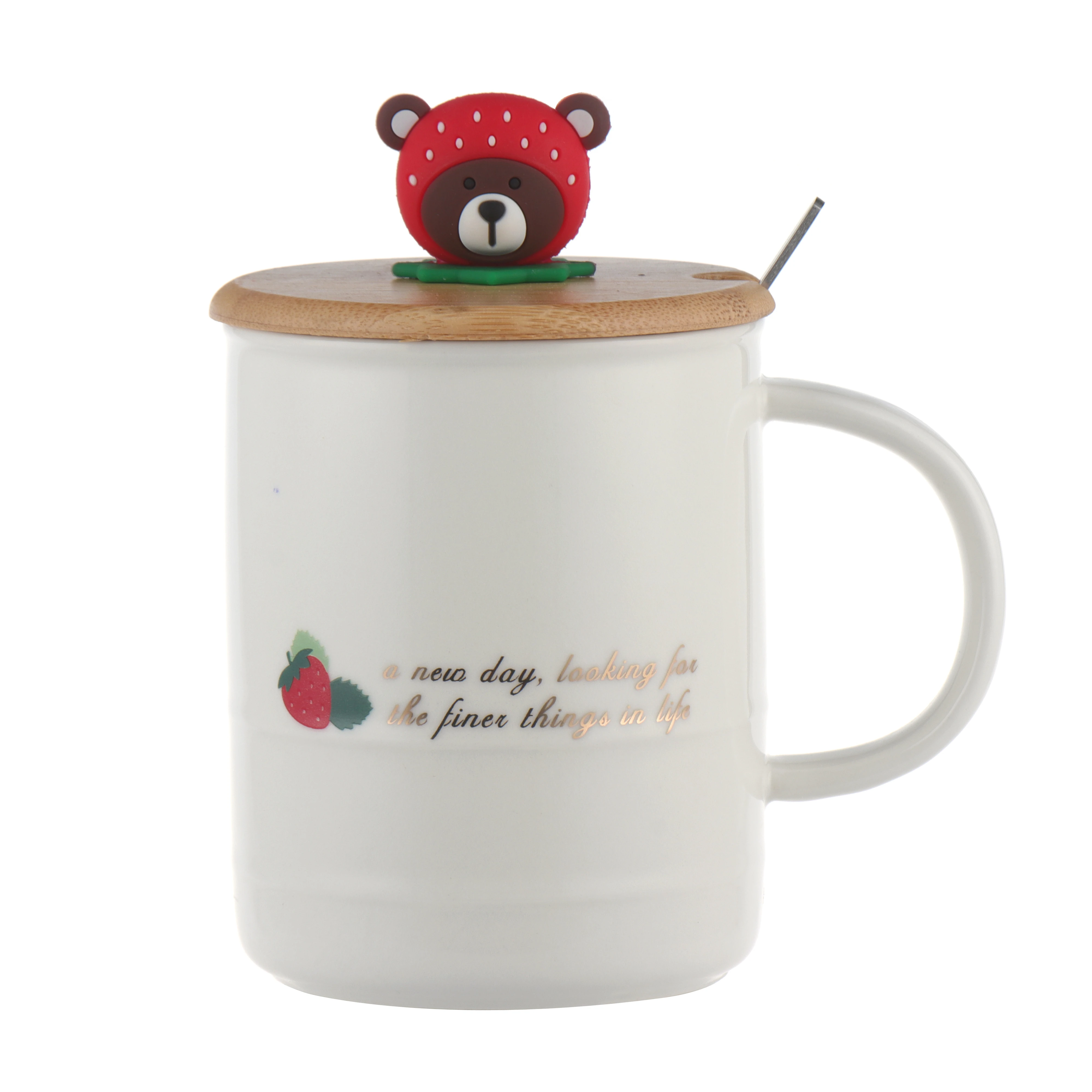 New Design Pink Strawberry Tall Glazed 500ml Pink Ceramic Coffee Cup and Mug for Drinking with Lid and Spoon Ceramic Coffee Mugs