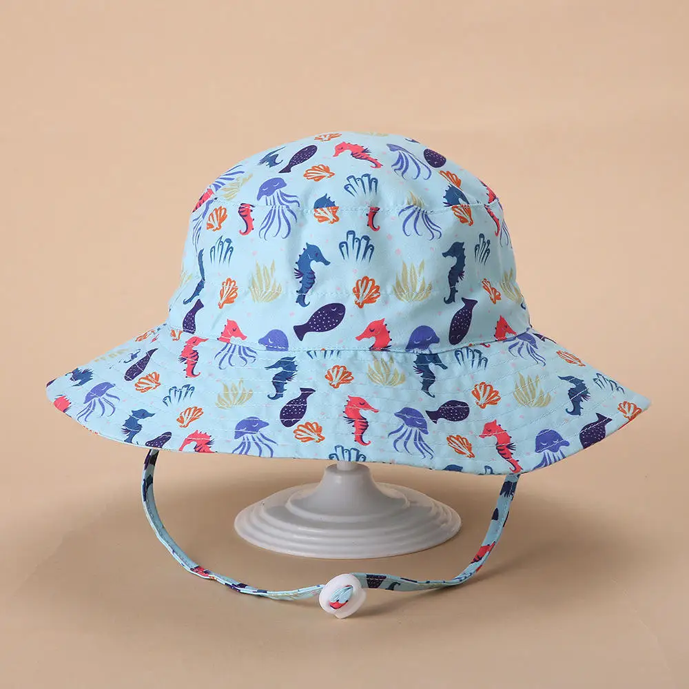 Wholesale Plain Printed Children Girl Summer Cotton Custom Baby Logo Sun Hat Cord Blank School With Strap Kid Bucket Hat