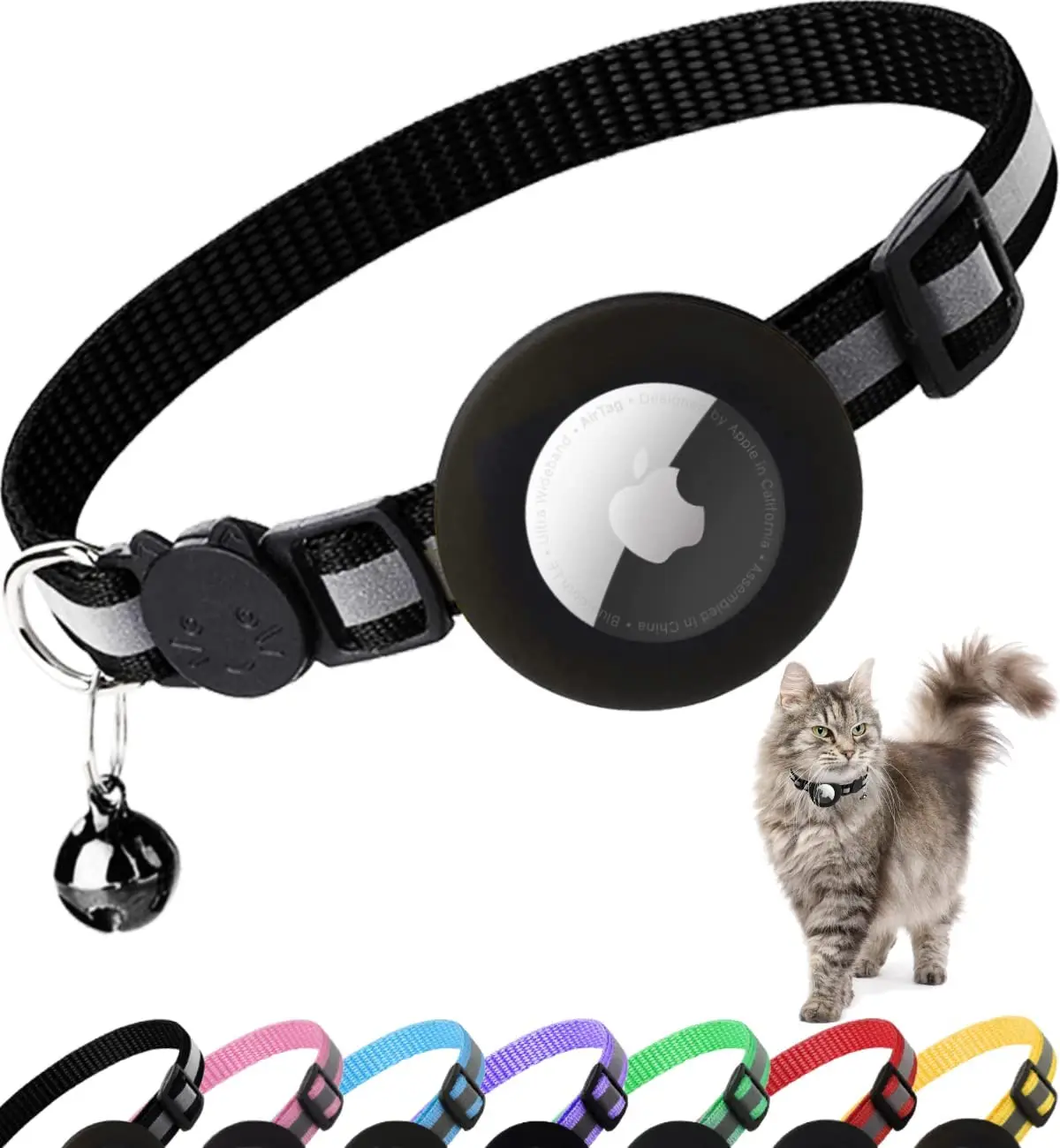 Reflective Kitten Collar with Apple Air Tag Holder and Bell GPS Adjustable Lightweight AirTag Cat Collar