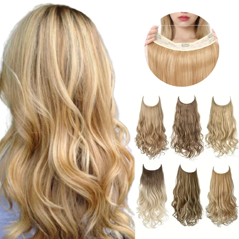 Wholesale New Upgrade Wavy Curly Invisible Halo Fiber Clip In Hair Extension Products Heat Resistant Blond Synthetic For Women