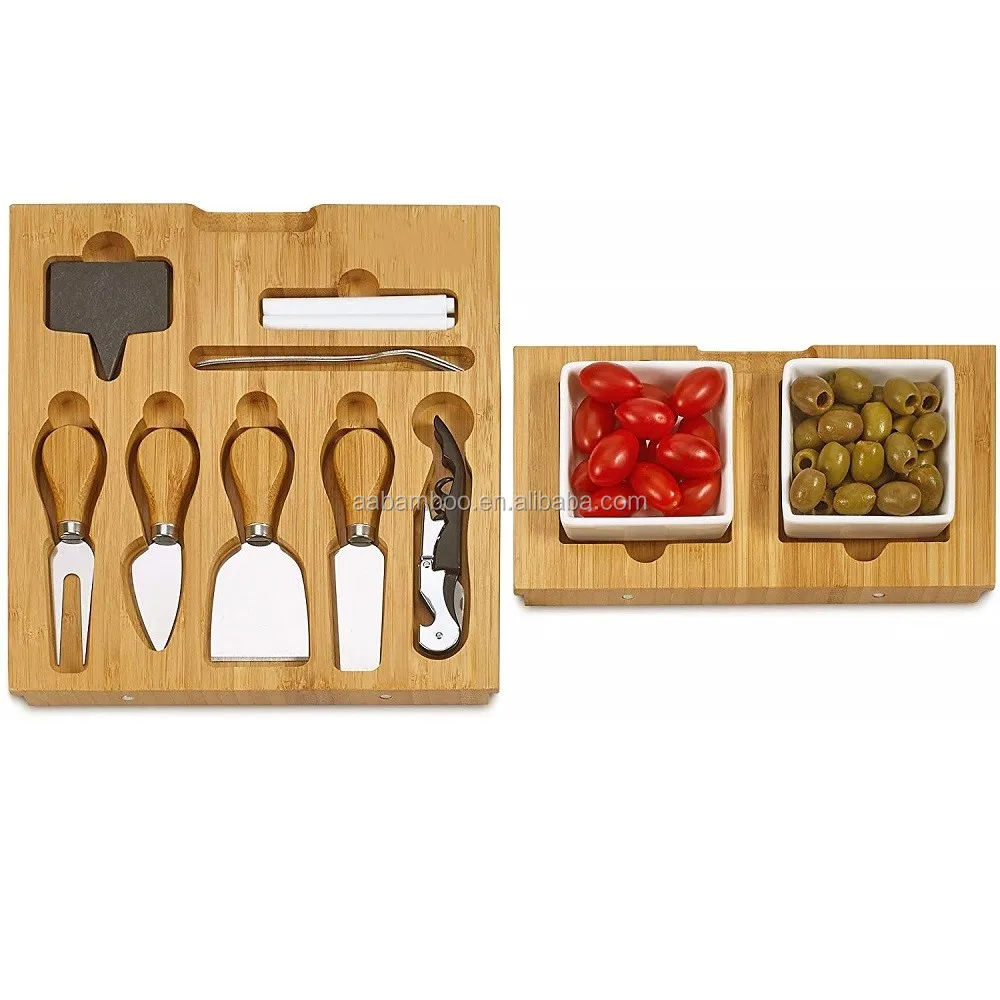 Wooden bamboo cheeseboard with 2 knives drawers