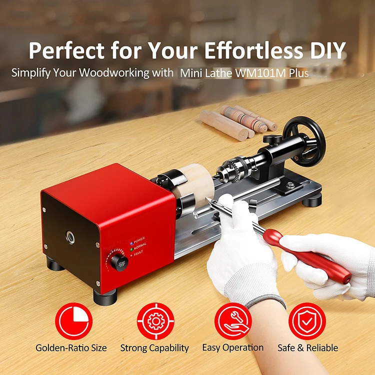 WM101A-Plus Mini Wood Lathe Machine  DIY Woodworking Small Benchtop Lathe with Wood Turning Lathe Tools Kits
