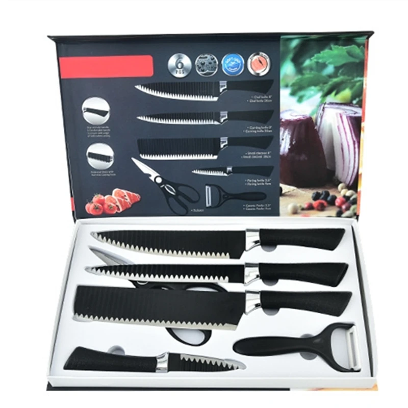 Factory Wholesale Direct Sales Anti Slip Handle Kitchen Black Knife Non-stick Knife 6 Piece Set