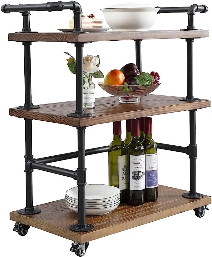 Bar Cart with Wine Rack 3 Tier Kitchen Cart on Wheels Modern Wood and Metal Portable Coffee Cart Table for Home