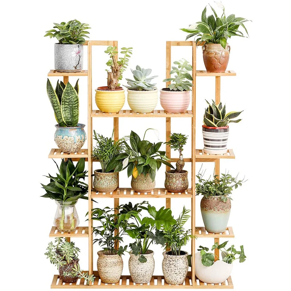 Modern design wooden plant pot stand flower rack metal bamboo indoor multi plant stand