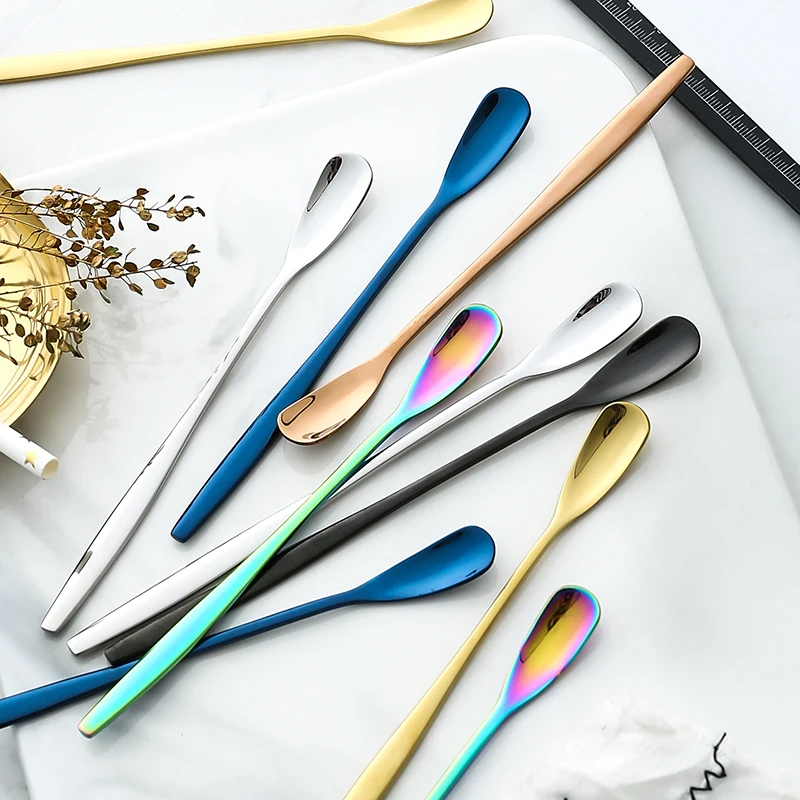 Melon seed design mixing spoon stainless steel short and long handle metal stirring spoon