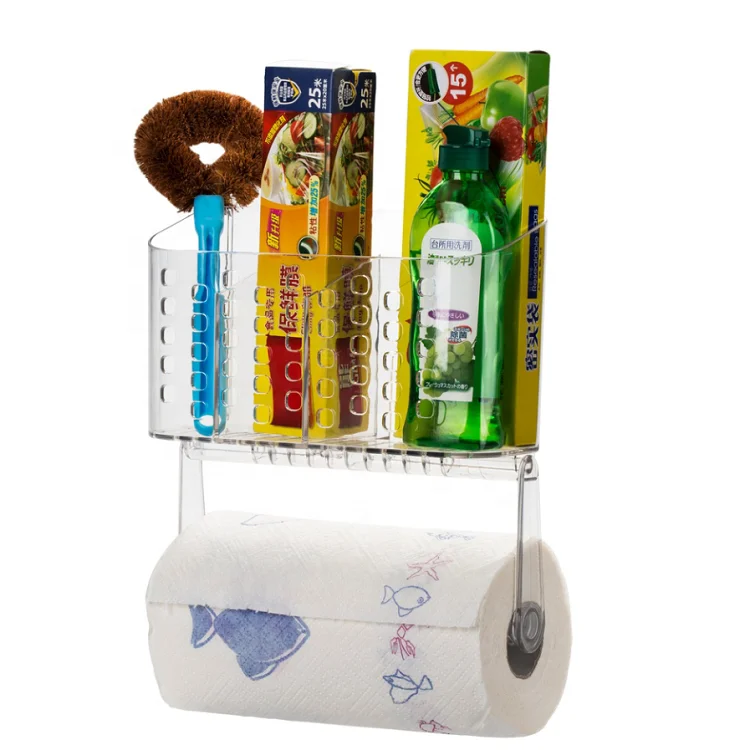 Luxury Clear Acrylic Free Punching Wall Mount Kitchen Rack Tissue Paper Towel Plastic Storage Bag Roll Holder with Suction Cup