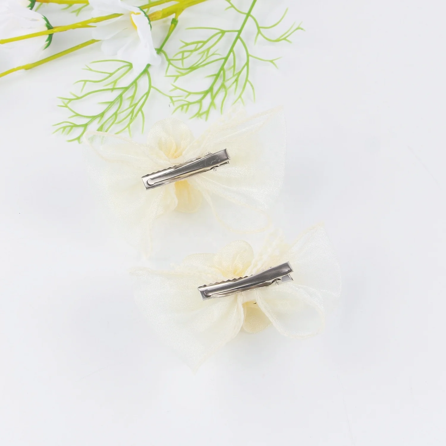 Wholesale Hot Selling Handmade Simulation Flower Organza Ribbon Bow Rhinestone Hair Clip Fashion Hairgrip