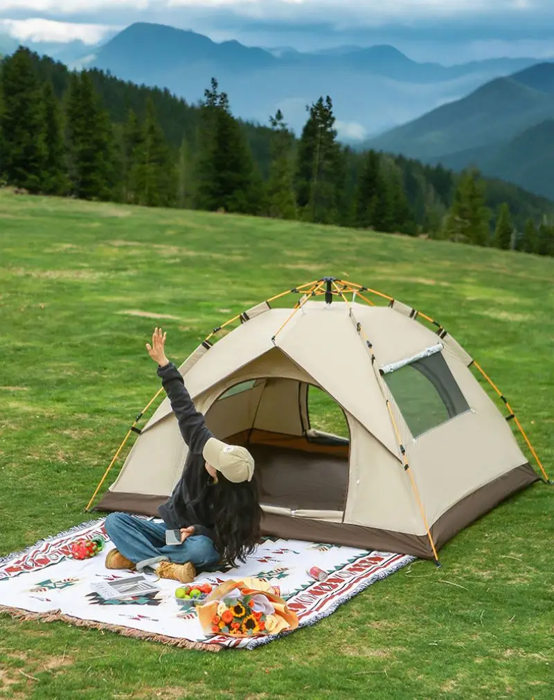 Outdoor Tents Waterproof Oxford Fabric With Black Coating 3-4 Person Portable Folding Automatic Pop Up Ultralight Camping Tent