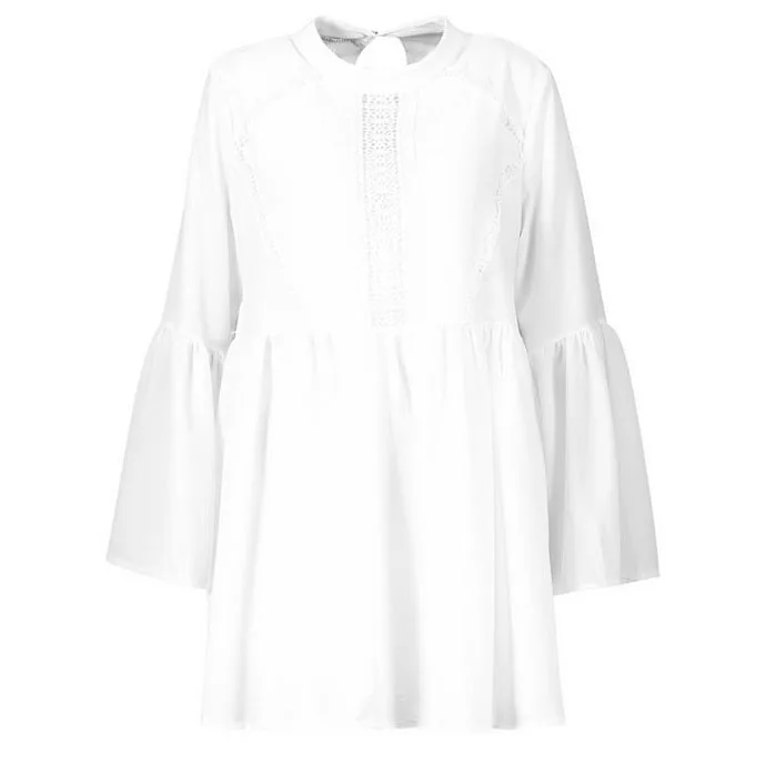 White Boho Cotton Crochet Detail Wide Sleeve Smock Mini Loose Dress Women Casual Dresses Long Sleeve Spring 100% Cotton Full
